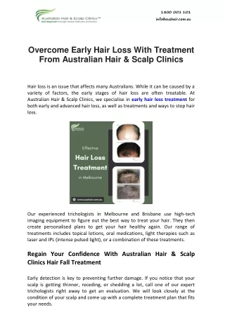 Overcome Early Hair Loss With Treatment From Australian Hair & Scalp Clinics