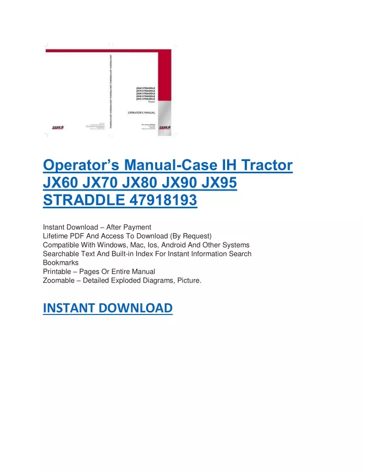 operator s manual case ih tractor jx60 jx70 jx80