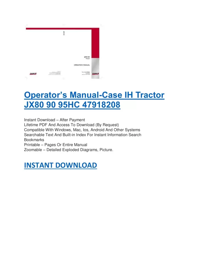 operator s manual case ih tractor jx80 90 95hc