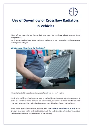 Use of Downflow or Crossflow Radiators in Vehicles