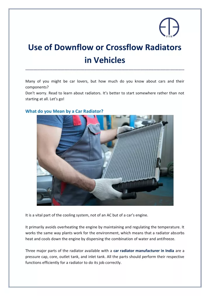 use of downflow or crossflow radiators in vehicles