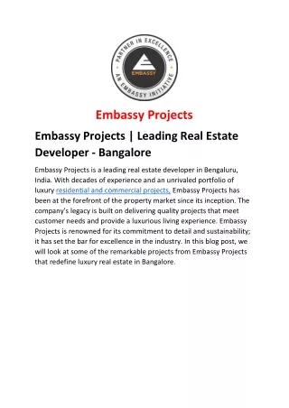 Embassy Projects- Leading Real Estate Developers Bangalore