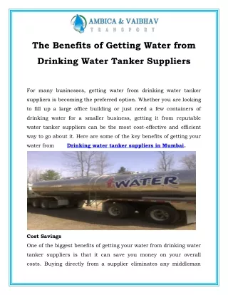The Benefits of Getting Water from Drinking Water Tanker Suppliers