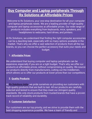 Buy Computer and Laptop peripherals Through Rx Solutions at Affordable Prices