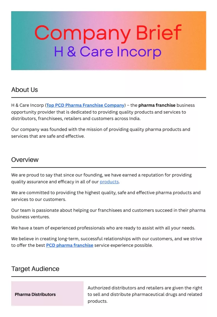 company brief h care incorp