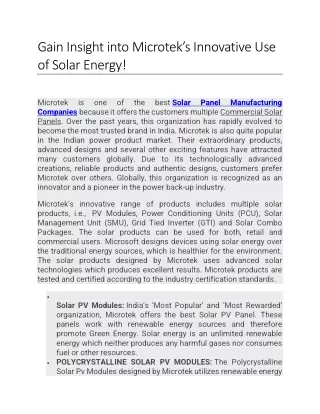 Gain Insight into Microtek’s Innovative Use of Solar Energy!