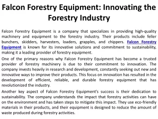 Falcon Forestry Equipment Innovating the Forestry Industry