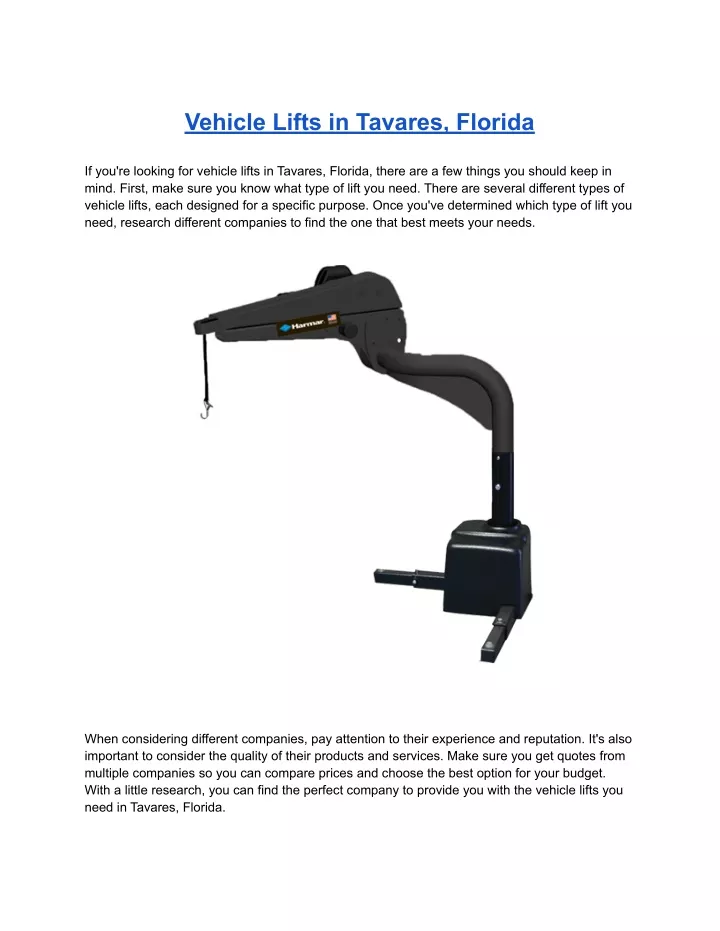 vehicle lifts in tavares florida