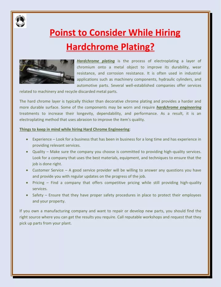 poinst to consider while hiring hardchrome plating