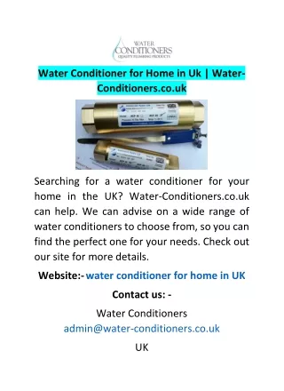 Water Conditioner for Home in Uk  Water-Conditioners.co.uk