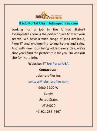It Job Portal Usa | Jobsnprofiles.com