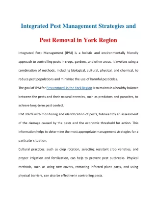 Integrated Pest Management (IPM) strategies and pest removal in York Region