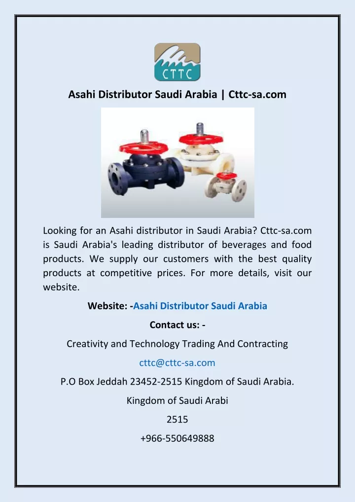 asahi distributor saudi arabia cttc sa com