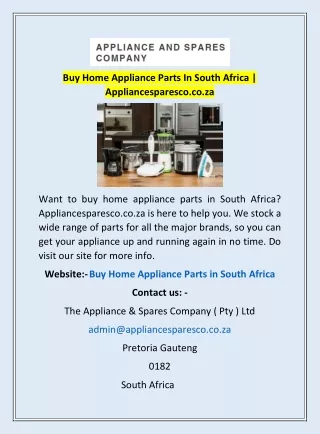 Buy Home Appliance Parts In South Africa | Appliancesparesco.co.za