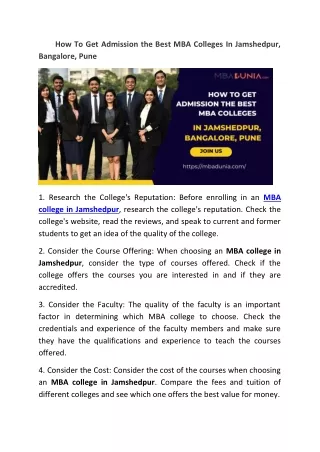 How To Get Admission the Best MBA Colleges In Jamshedpur, Bangalore, Pune