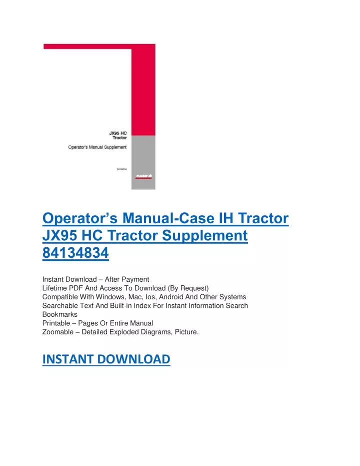 operator s manual case ih tractor jx95 hc tractor