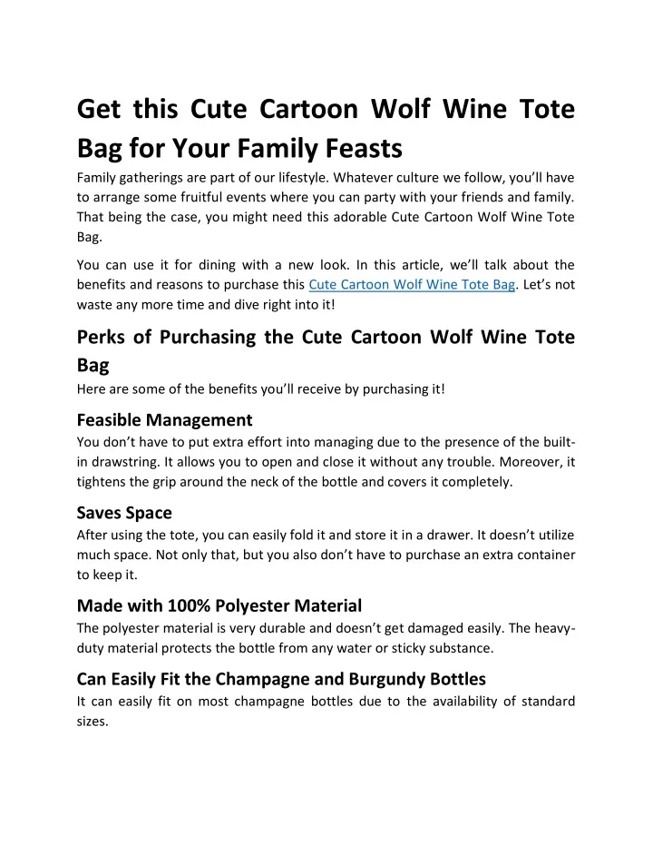 get this cute cartoon wolf wine tote bag for your