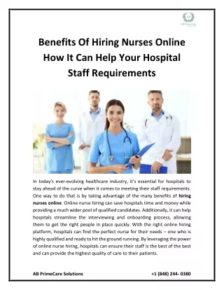 Benefits of Hiring Nurses Online How It Can Help Your Hospital Staff Requirements