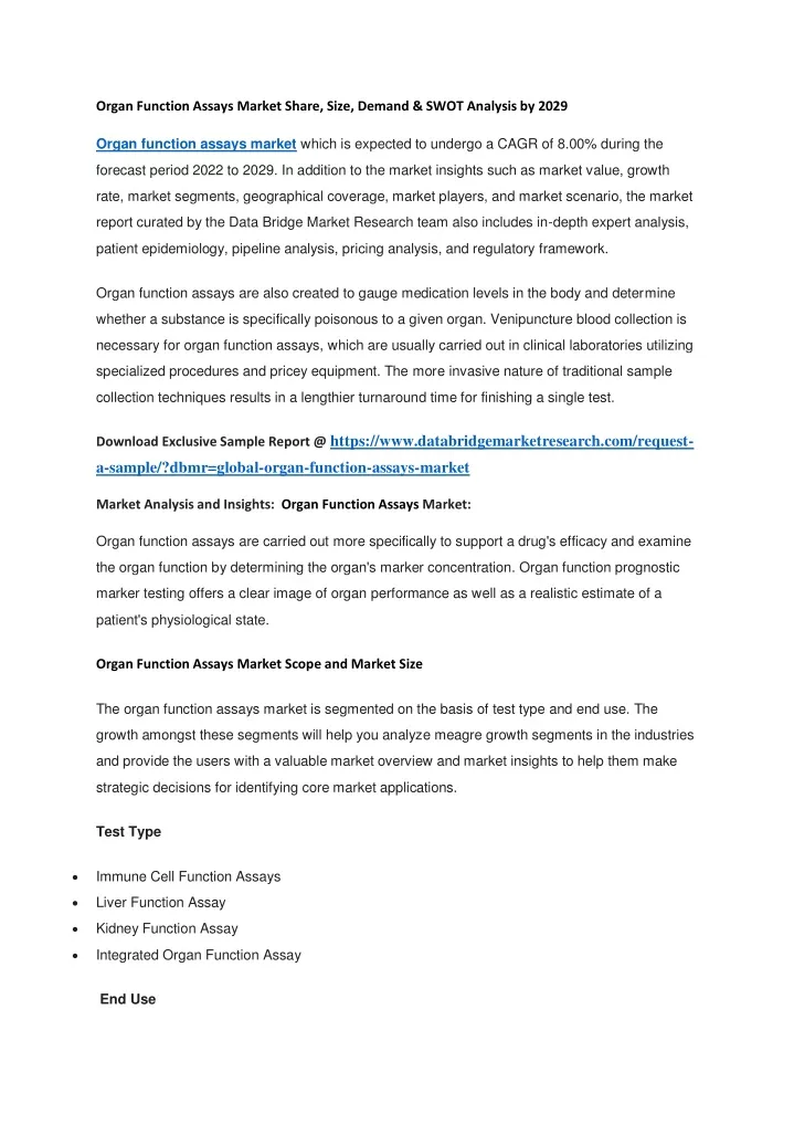 organ function assays market share size demand