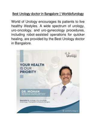 Best Urology doctor in Bangalore | Worldofurology
