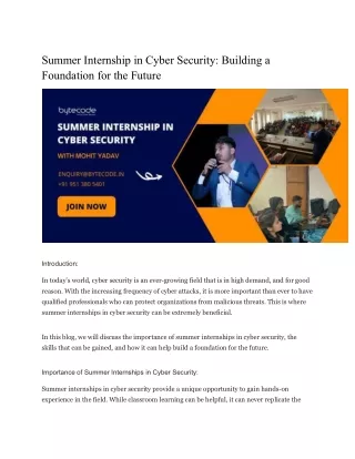 Summer Internship in Cyber Security