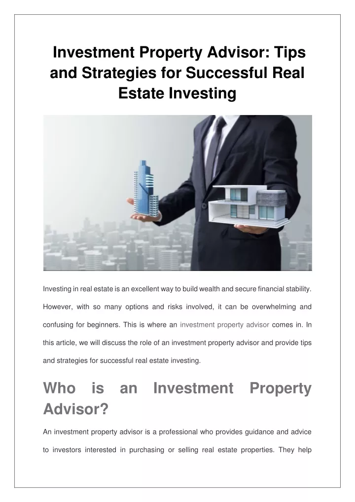 investment property advisor tips and strategies