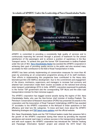 Accolades of APSRTC  Under the Leadership of Nara Chandrababu Naidu