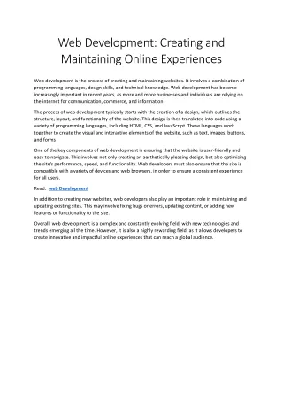Web Development: Creating and Maintaining Online Experiences