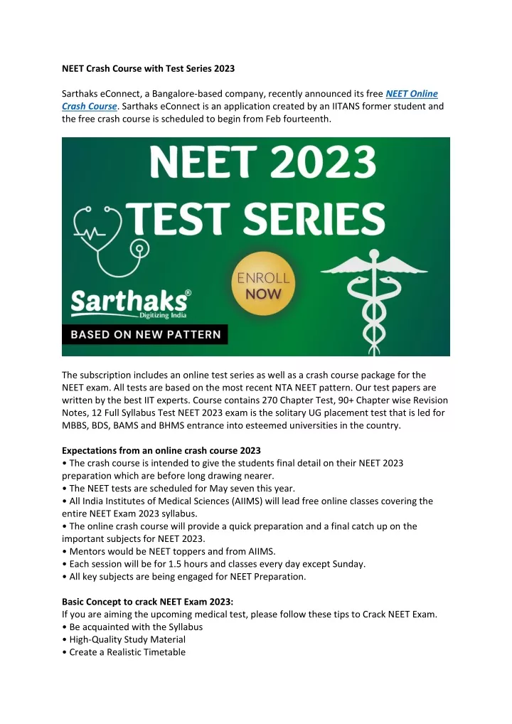 neet crash course with test series 2023 sarthaks