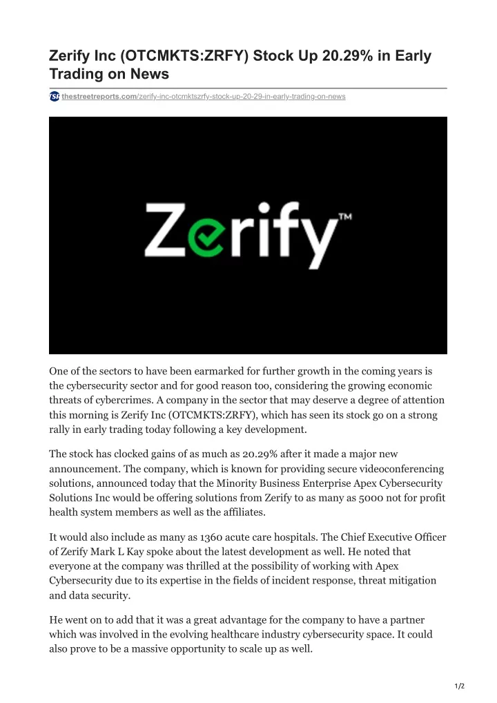 zerify inc otcmkts zrfy stock up 20 29 in early