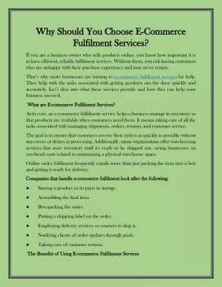 Why Should You Choose E-Commerce Fulfilment Services