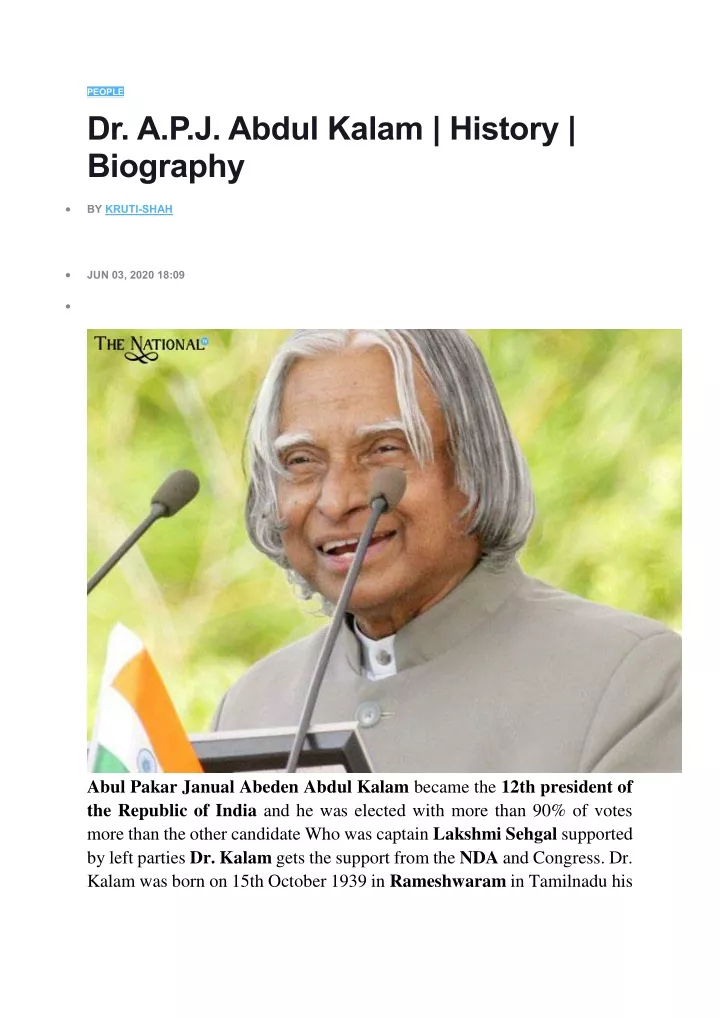 people dr a p j abdul kalam history biography