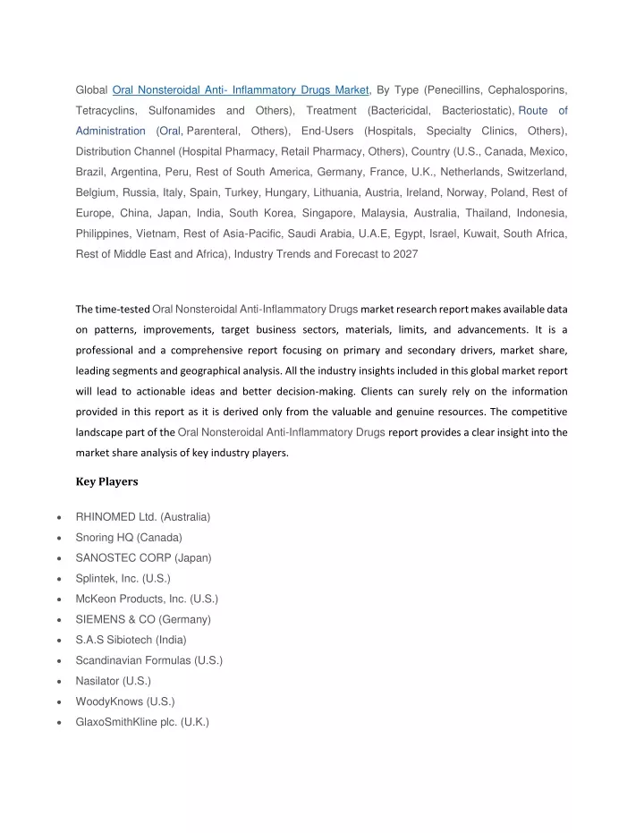 global oral nonsteroidal anti inflammatory drugs