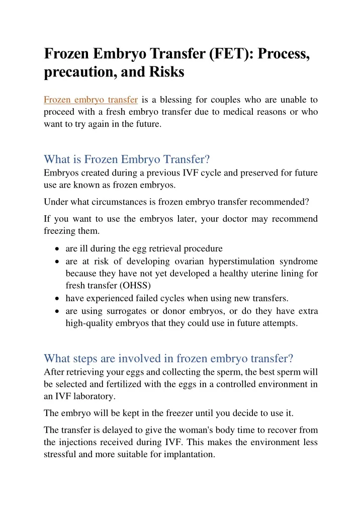 frozen embryo transfer fet process precaution