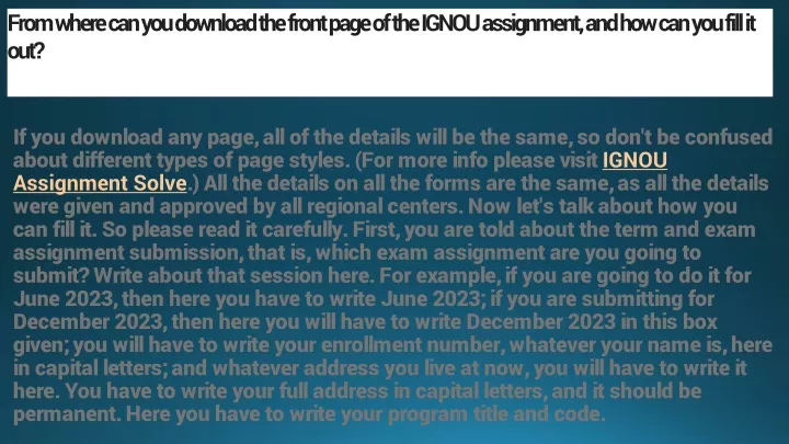 from where can you download the front page of the ignou assignment and how can you fill it out