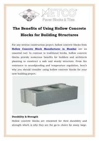 The Benefits of Using Hollow Concrete Blocks for Building Structures