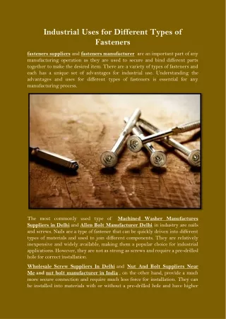 industrial uses for different types of fasteners