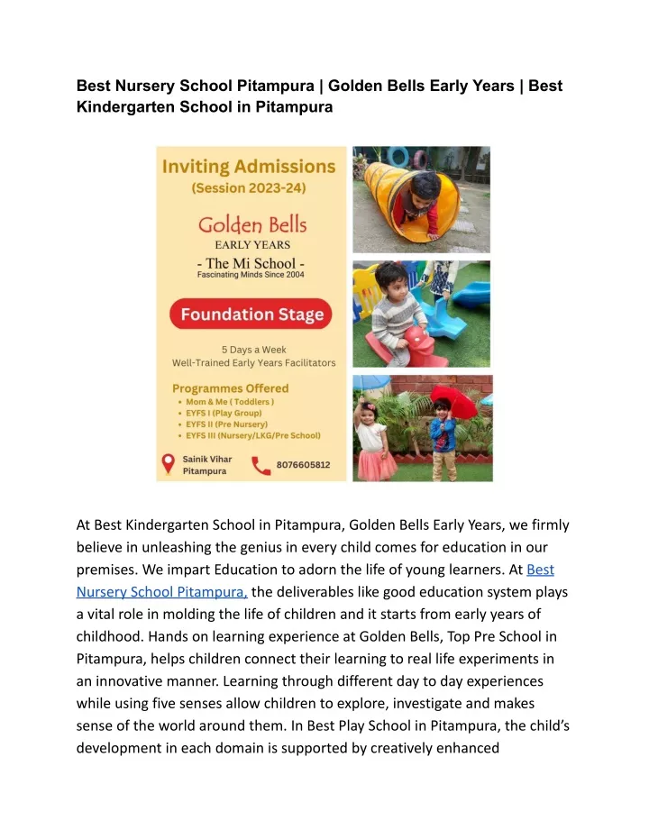 best nursery school pitampura golden bells early