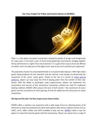 Use Your Crypto For Poker and Casino Games on Bit4Win
