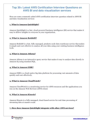Top 30  Latest AWS Certification Interview Questions on AWS BI and data visualization services