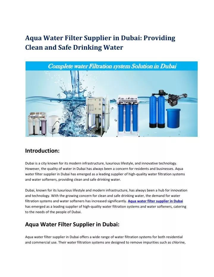 aqua water filter supplier in dubai providing