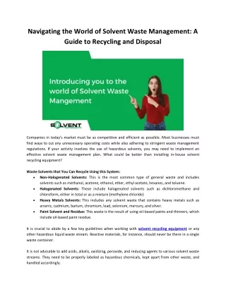 Navigating the World of Solvent Waste Management - A Guide to Recycling and Disposal