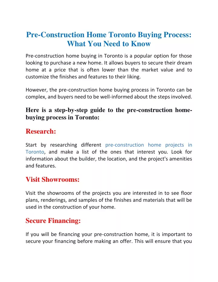 pre construction home toronto buying process what