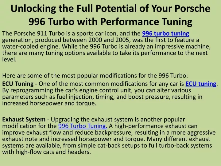 unlocking the full potential of your porsche 996 turbo with performance tuning