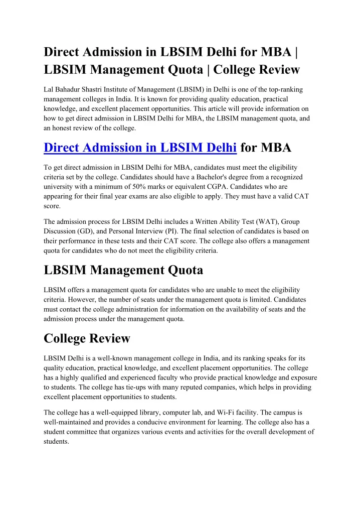 direct admission in lbsim delhi for mba lbsim