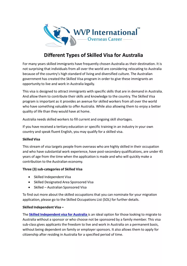 different types of skilled visa for australia