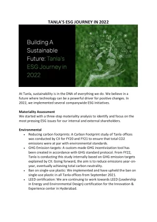 TANLA'S ESG JOURNEY IN 2022