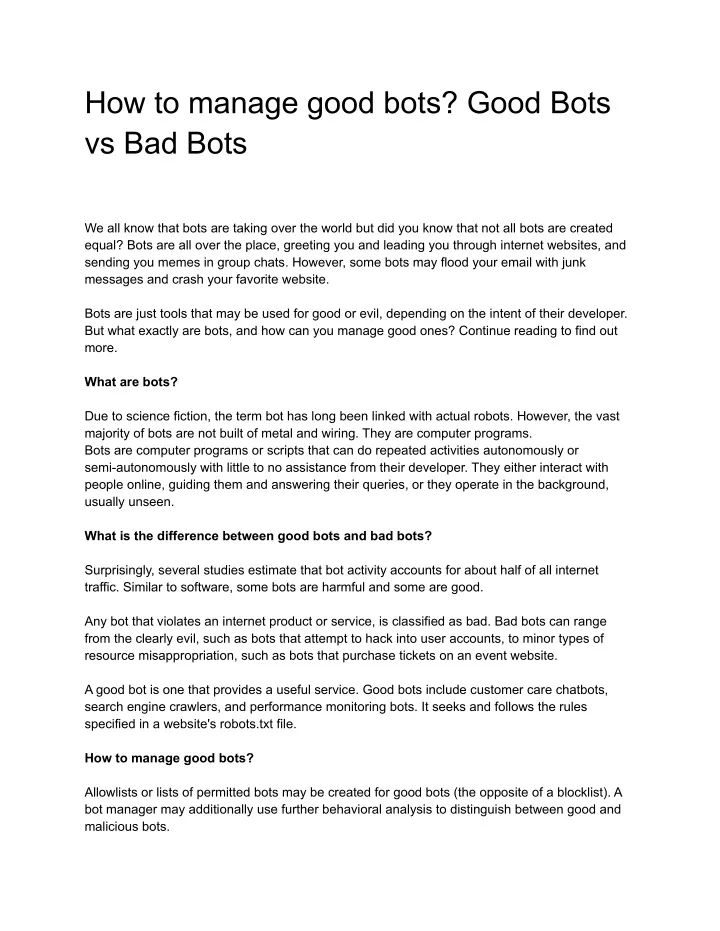 how to manage good bots good bots vs bad bots