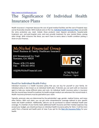 The Significance Of Individual Health Insurance Plans