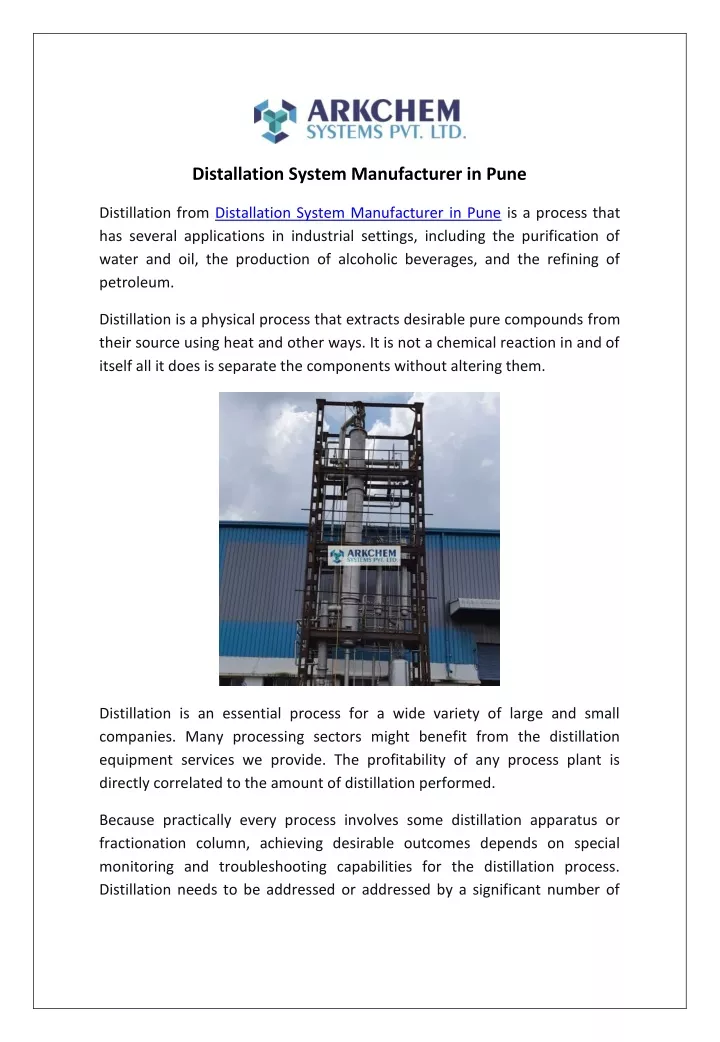 distallation system manufacturer in pune